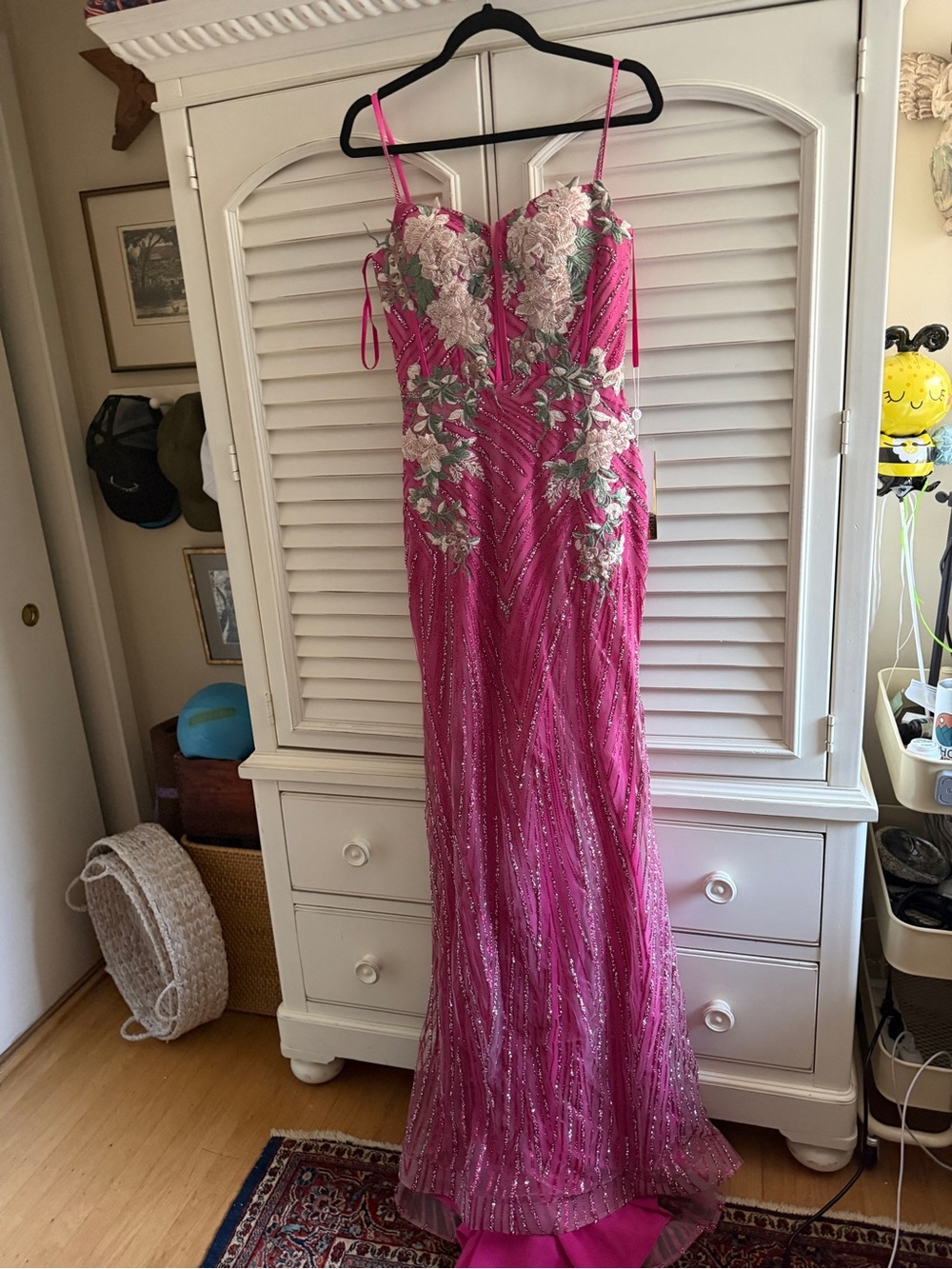 Portia and Scarlett Fuchsia Beaded Floral Prom Gown